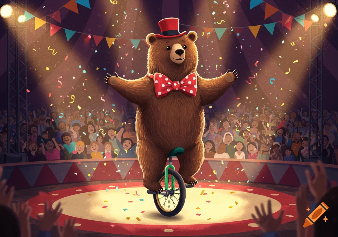 A cartoon bear in a red top hat and bow tie rides a unicycle in a brightly lit circus tent with an audience applauding.
