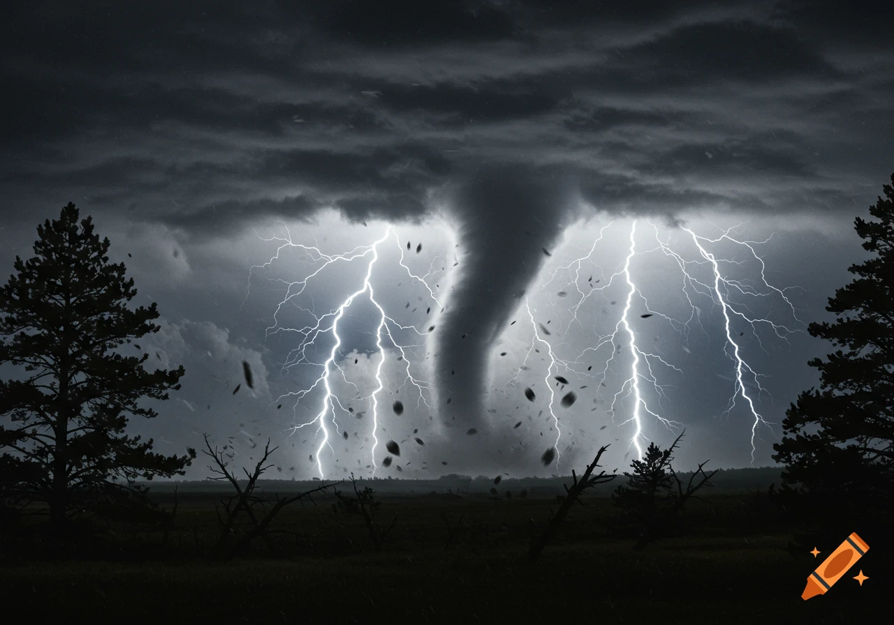 A powerful tornado rips through a dark landscape under stormy skies, illuminated by multiple bright lightning bolts, with trees in the foreground.