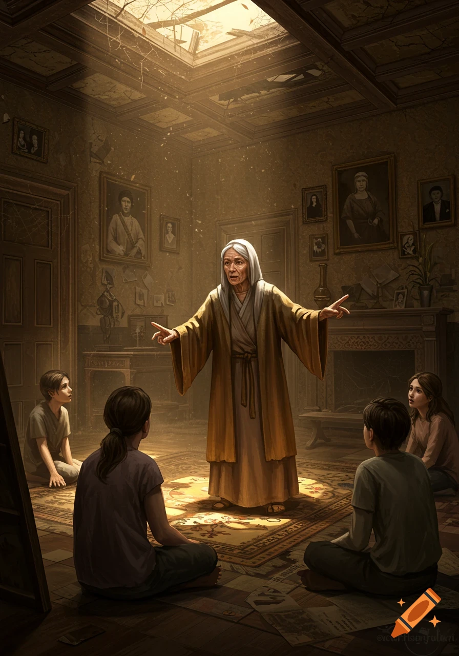 An old robed woman gestures, telling a story to three children sitting on the floor of a sunlit, crumbling room.