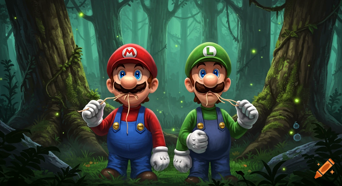 Cartoon illustration of Mario and Luigi staring in a mystical forest, eating spaghetti.