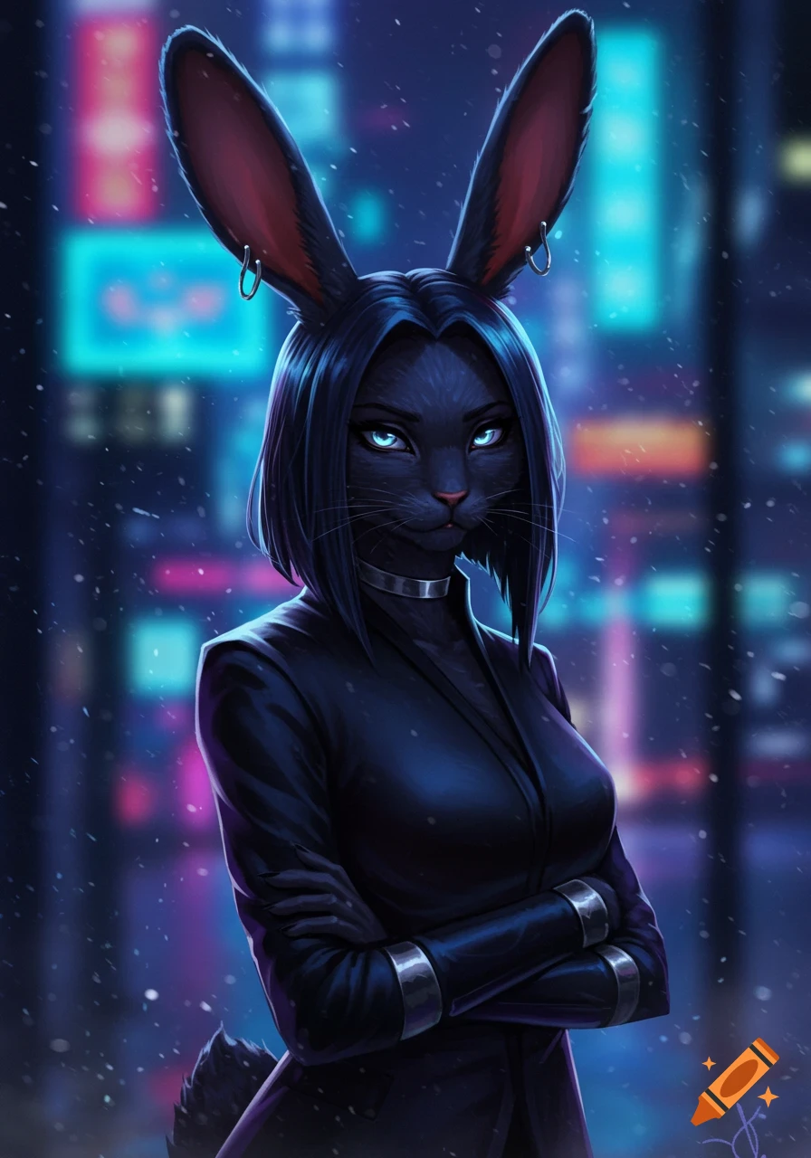 A black anthropomorphic rabbit-like woman with glowing blue eyes, short hair, and large pierced ears, wearing a black jacket, stands in a snowy cyberpunk city.