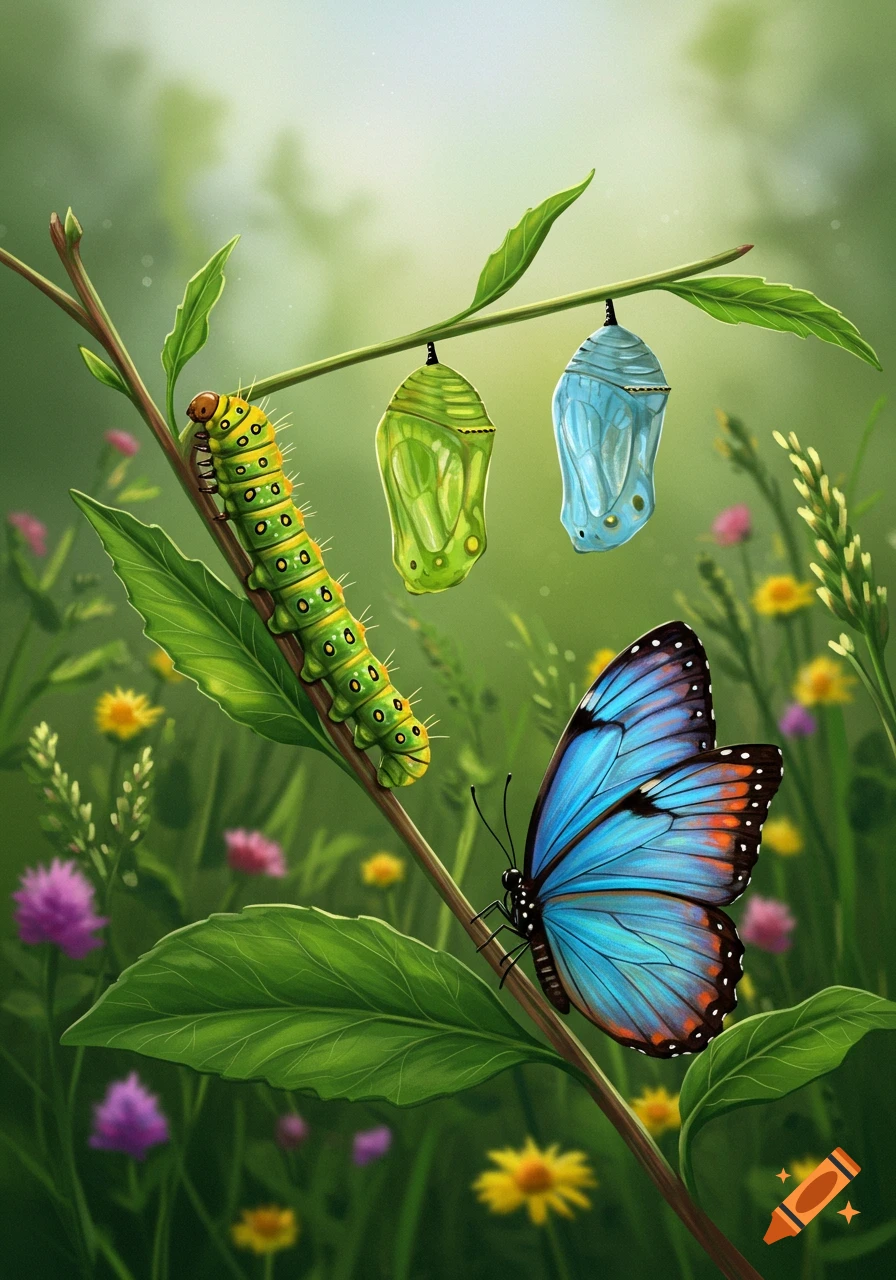 A vibrant green caterpillar, two chrysalises, and a blue butterfly are on a branch in a lush meadow, illustrating a life cycle.