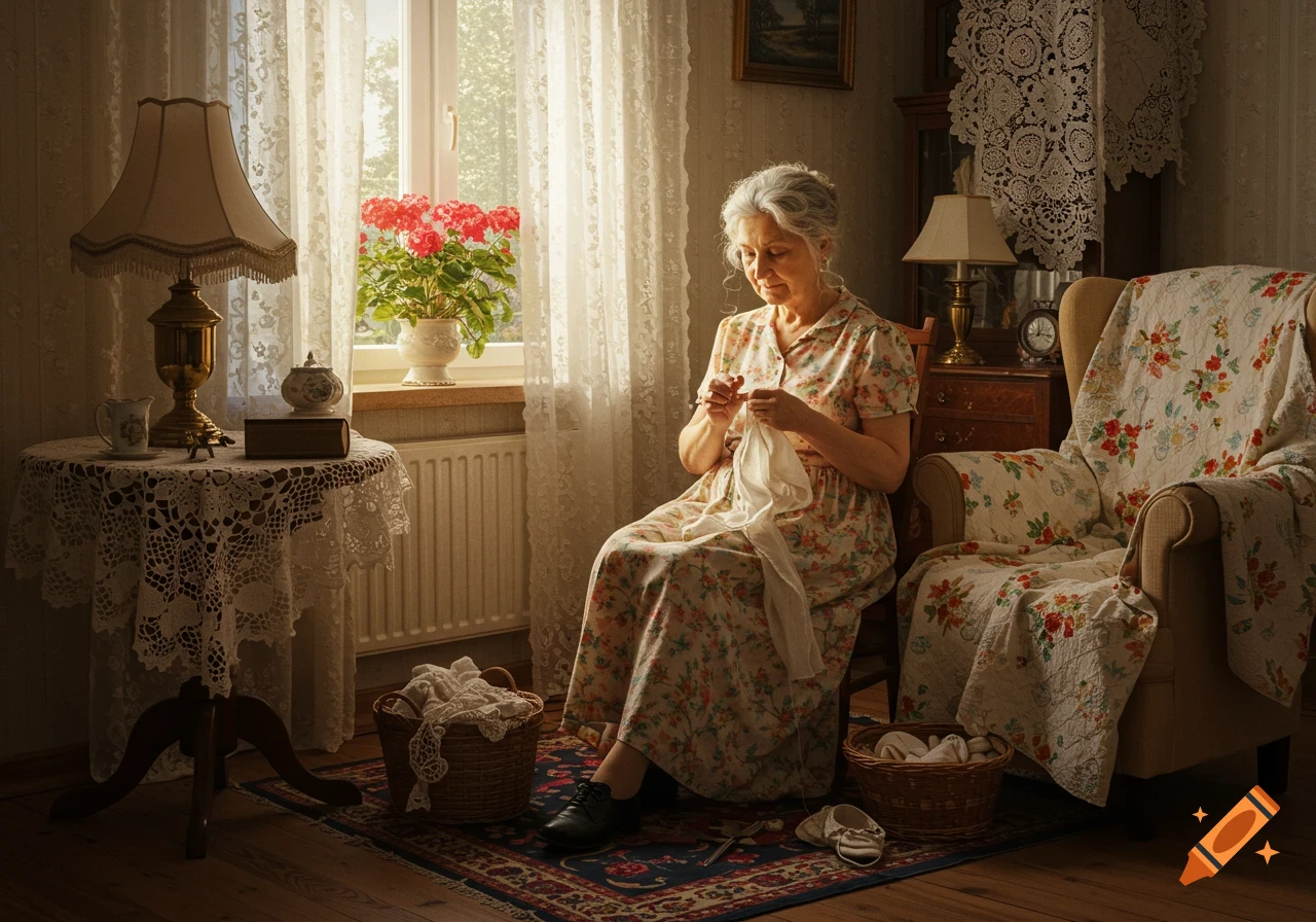 An elderly woman with gray hair knitting in a cozy, sunlit, old-fashioned living room, surrounded by lace and warm light.