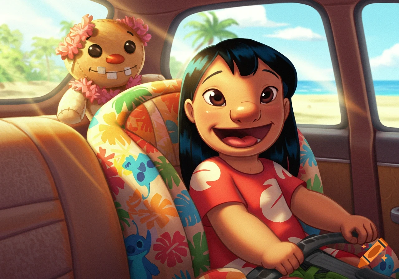 Smiling Lilo from Lilo and Stitch in a car with her Scrump doll, a sunny beach visible outside the window.