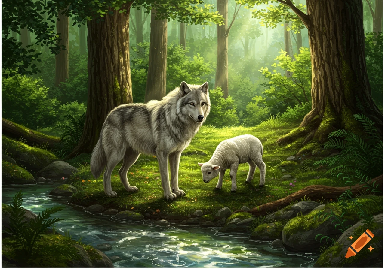 A grey wolf stands near a white lamb grazing by a flowing stream in a lush green forest, realistic illustration style.