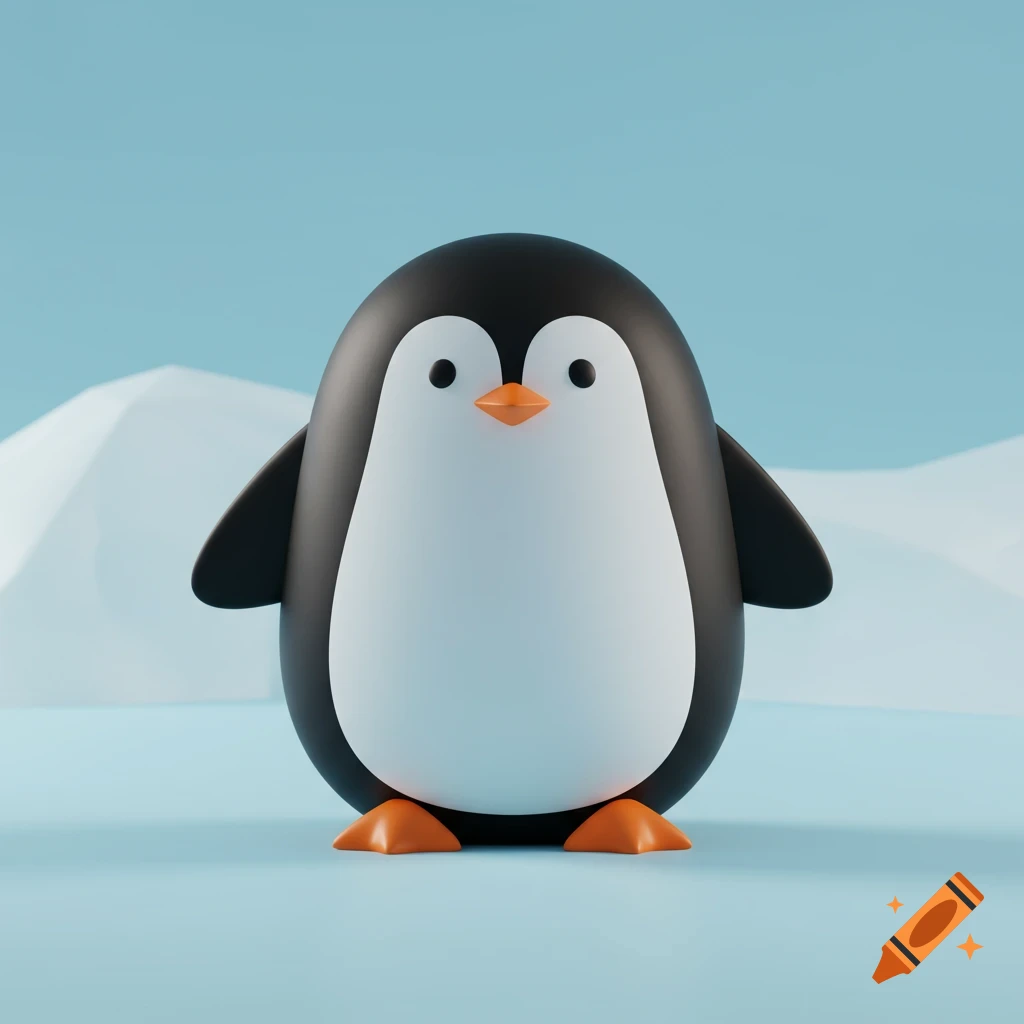 A cute, stylized 3D render of a black and white penguin with an orange beak and feet, standing on an icy blue surface.