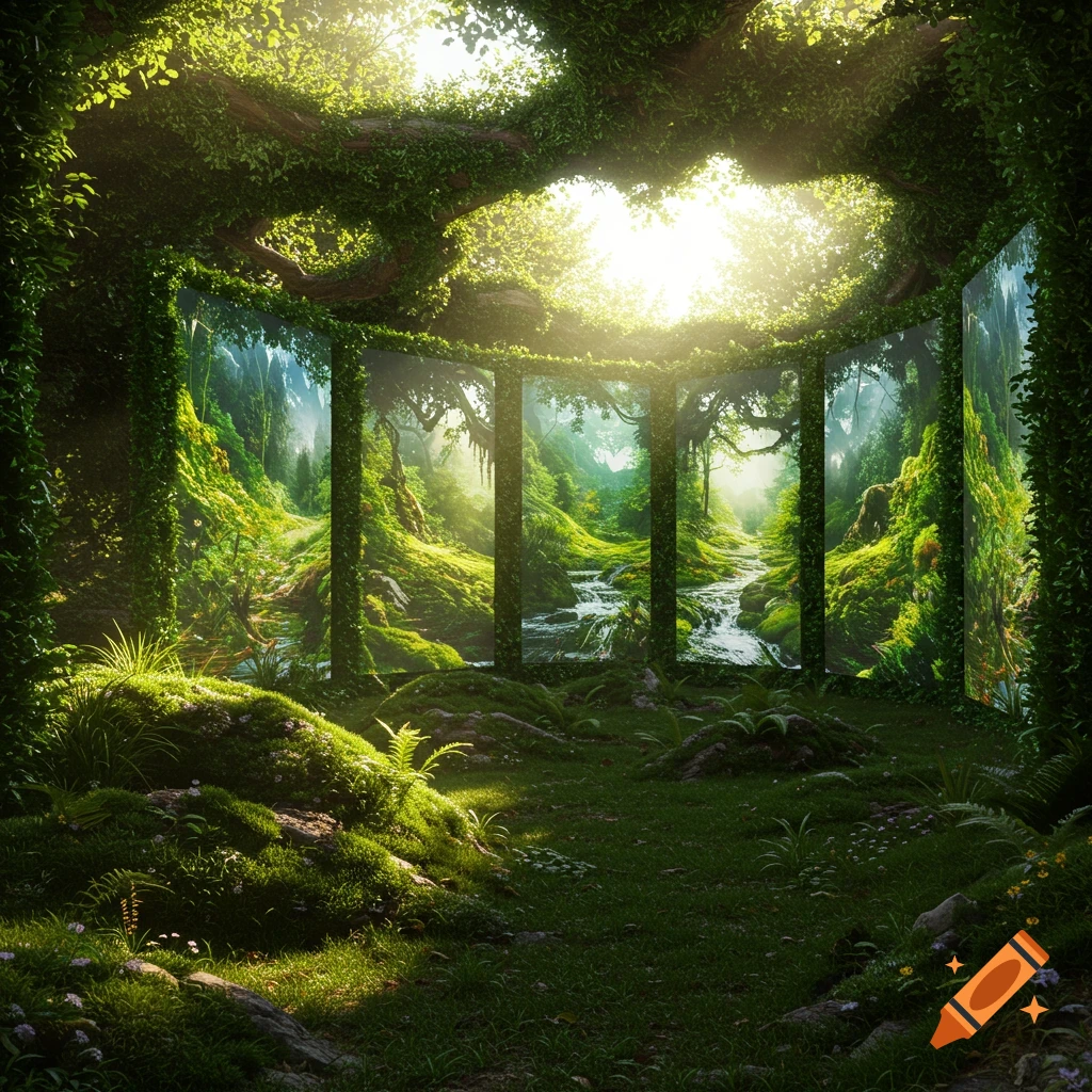Sunlit forest interior with vines and trees framing large screens showing a vibrant forest river scene.