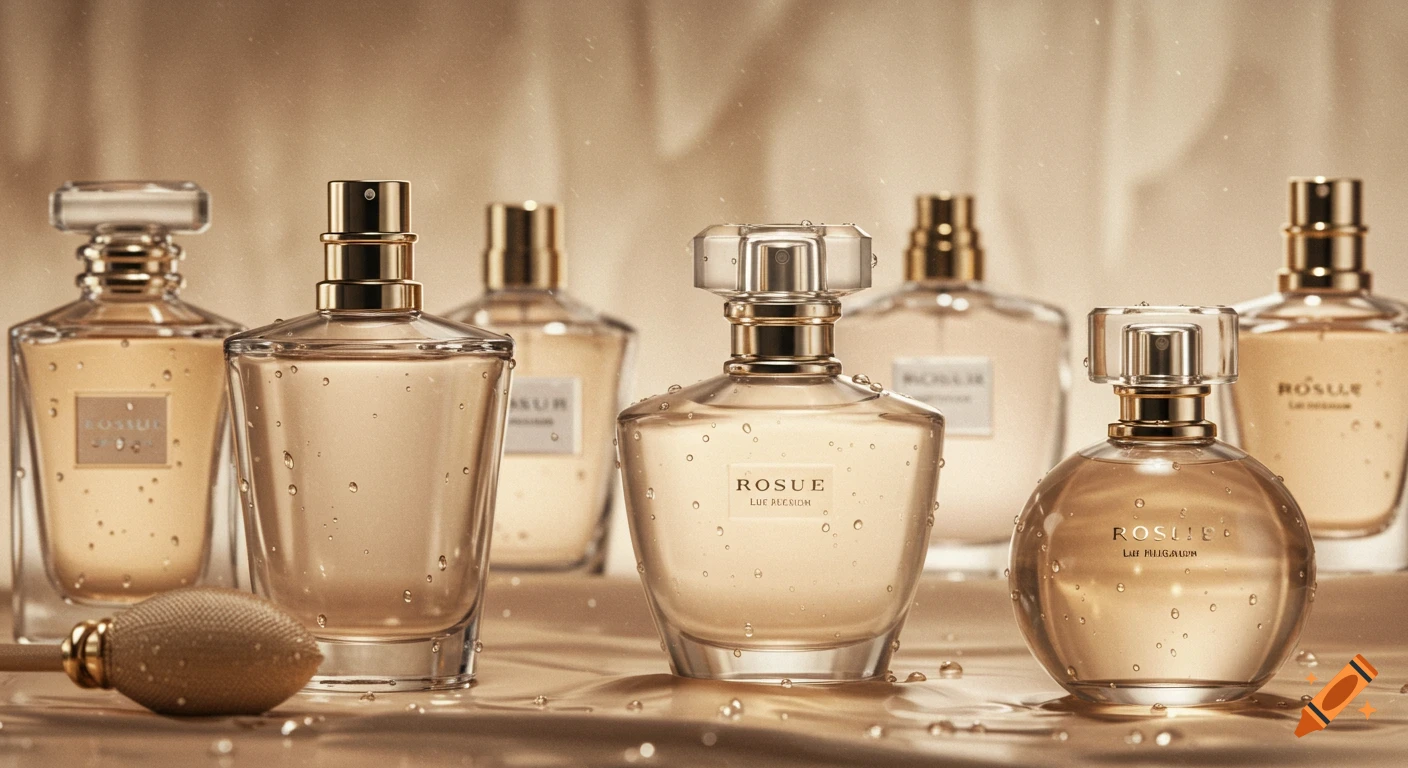 Elegant photorealistic image of multiple perfume bottles with water droplets, set against a shimmering golden background.