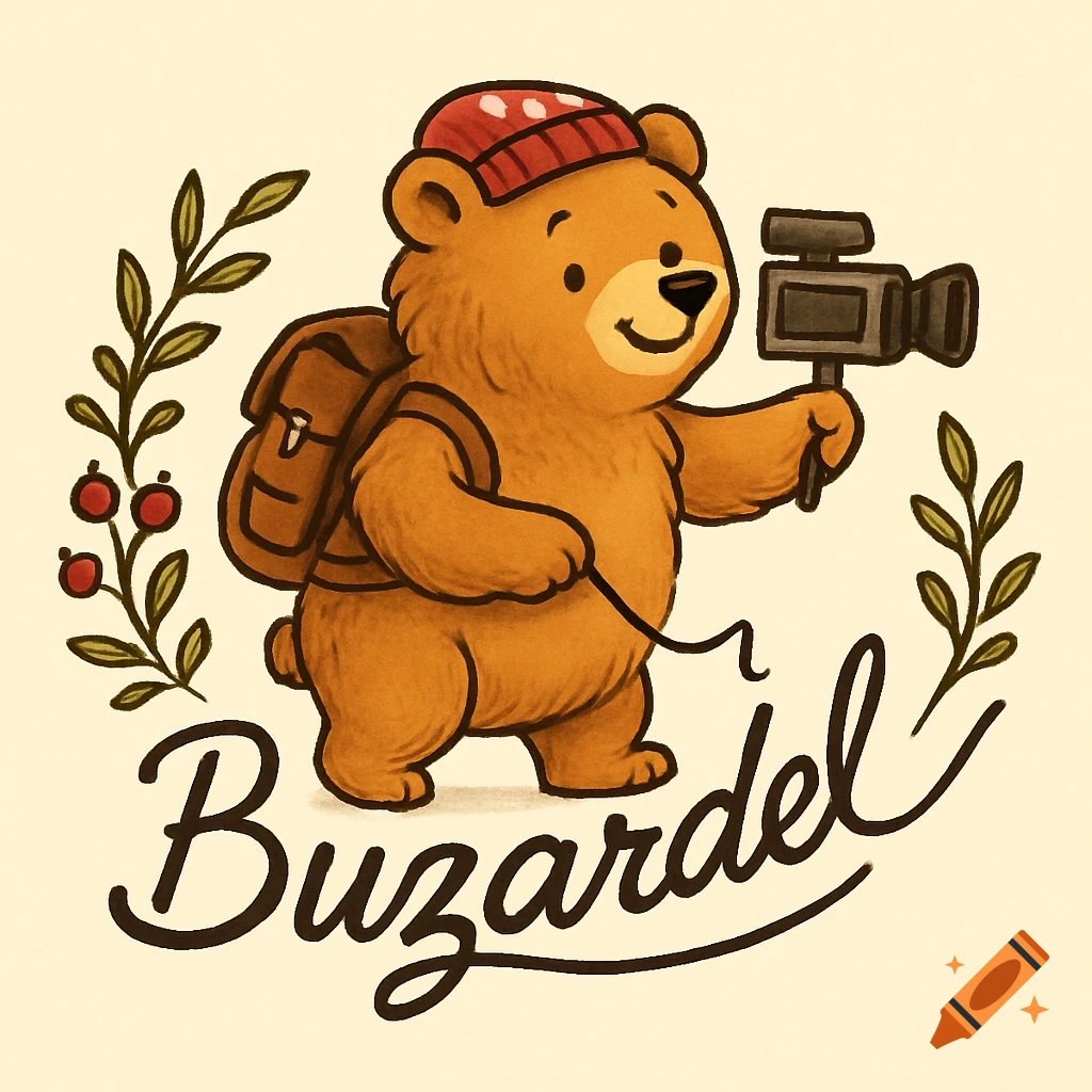 A cute cartoon bear with a red hat, backpack, and video camera, surrounded by leaves and berries, with 'Buzardel' text.