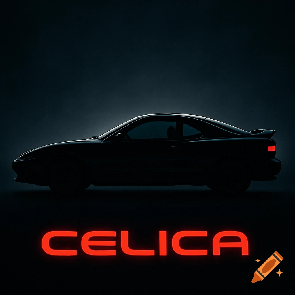 A dark silhouette of a 5th generation Toyota Celica sports car with 'CELICA' in glowing red text below it.