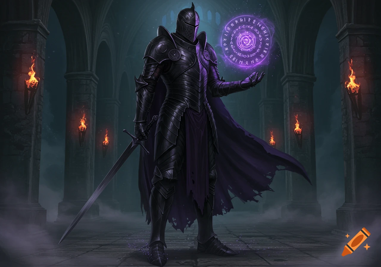 A knight in black armor with a purple cape stands in a dark castle, holding a glowing purple orb with runes.