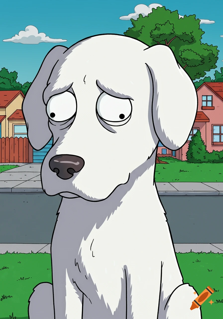 A large white cartoon dog with big, sad eyes looks down, set against a suburban street with houses and trees in The Simpsons style.