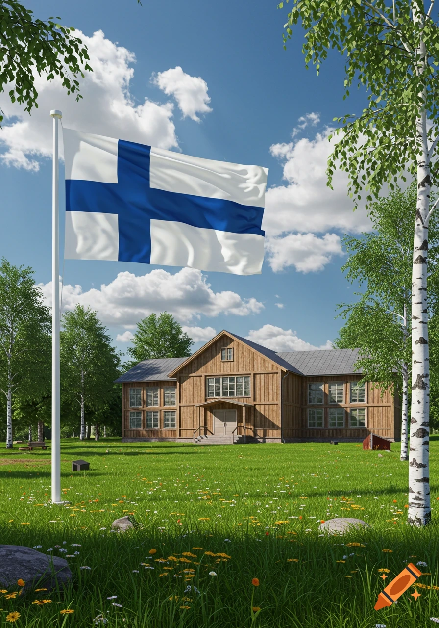 A Finnish flag waves on a pole in front of a large wooden building on a sunny day, with green grass and trees.