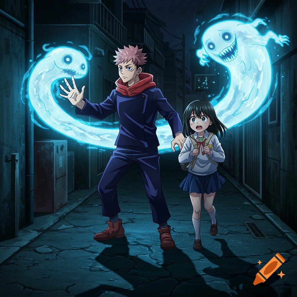 Anime characters Yuji Itadori and Miko Yotsuya in a dark alley, with Yuji protecting Miko from two glowing blue spirits.