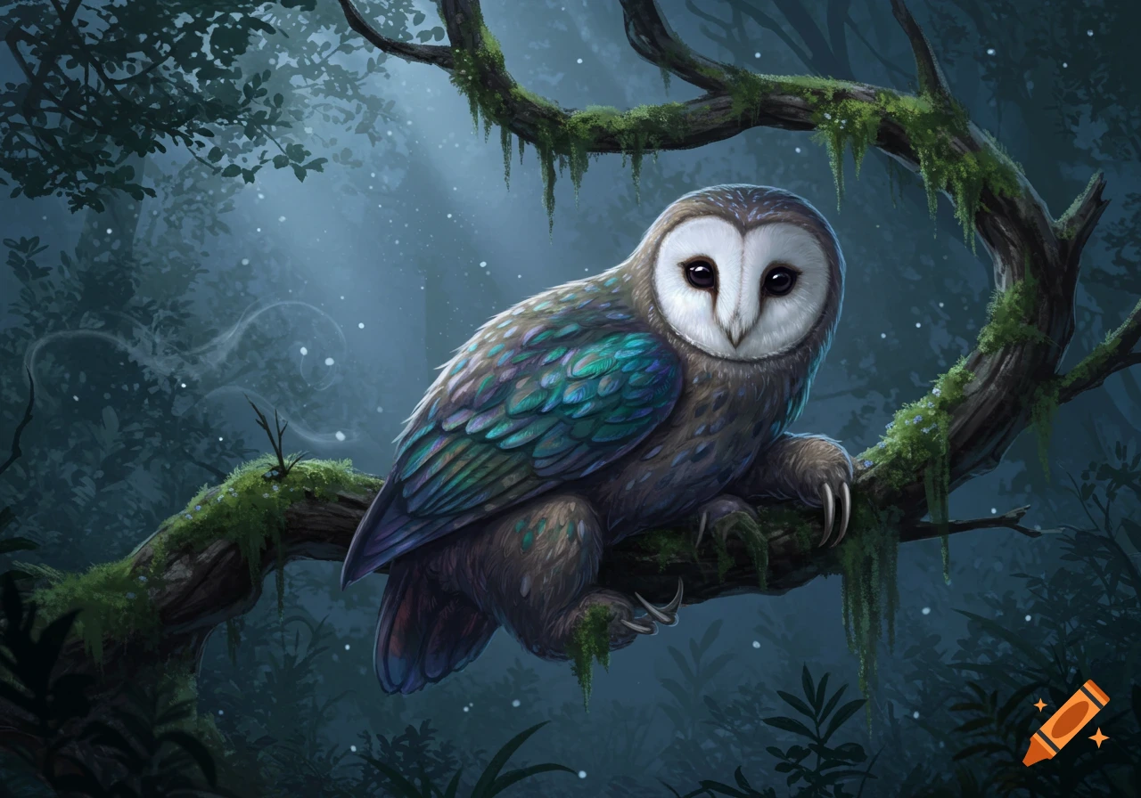 A fantasy illustration of a barn owl-like creature with iridescent teal and purple feathers perched on a mossy tree branch in a dark, misty forest.
