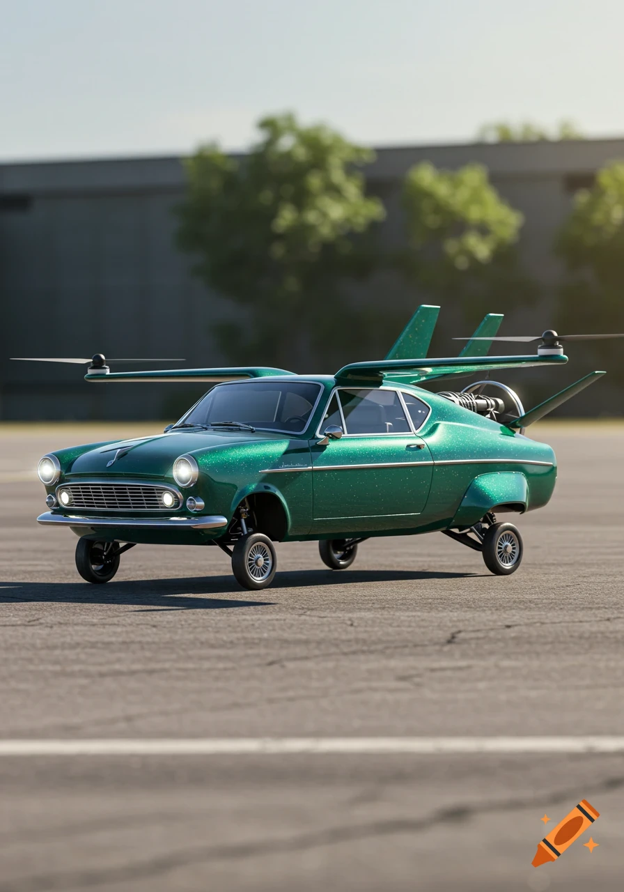 A shimmering metallic forest green 1960s-style flying car with drone propellers and wings on an airfield.