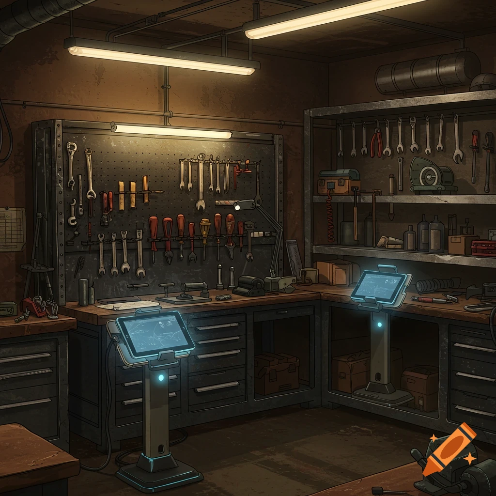 An organized workshop with workbenches, pegboards full of hand tools, shelves with various items, and two glowing tablet dock stations.