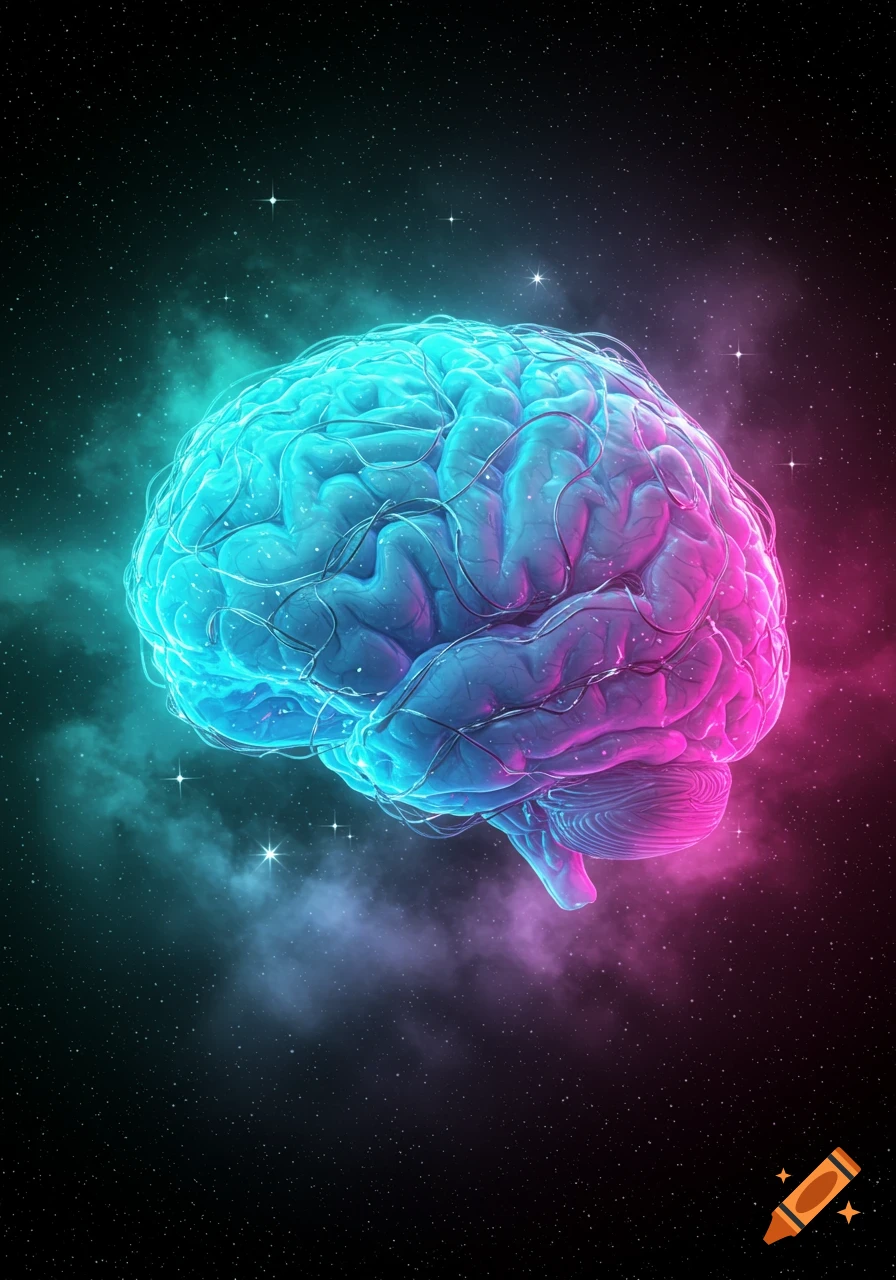 A stylized human brain glows bright blue and pink in a starry, nebulae-filled cosmic background.