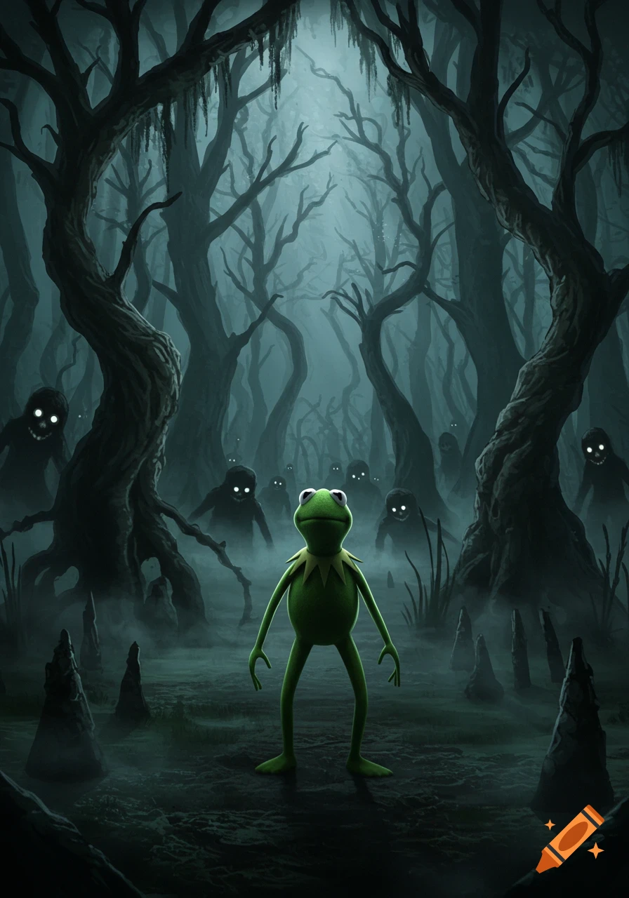 Kermit the Frog stands in a dark, foggy, twisted forest surrounded by glowing-eyed, shadowy creatures in a horror art style.