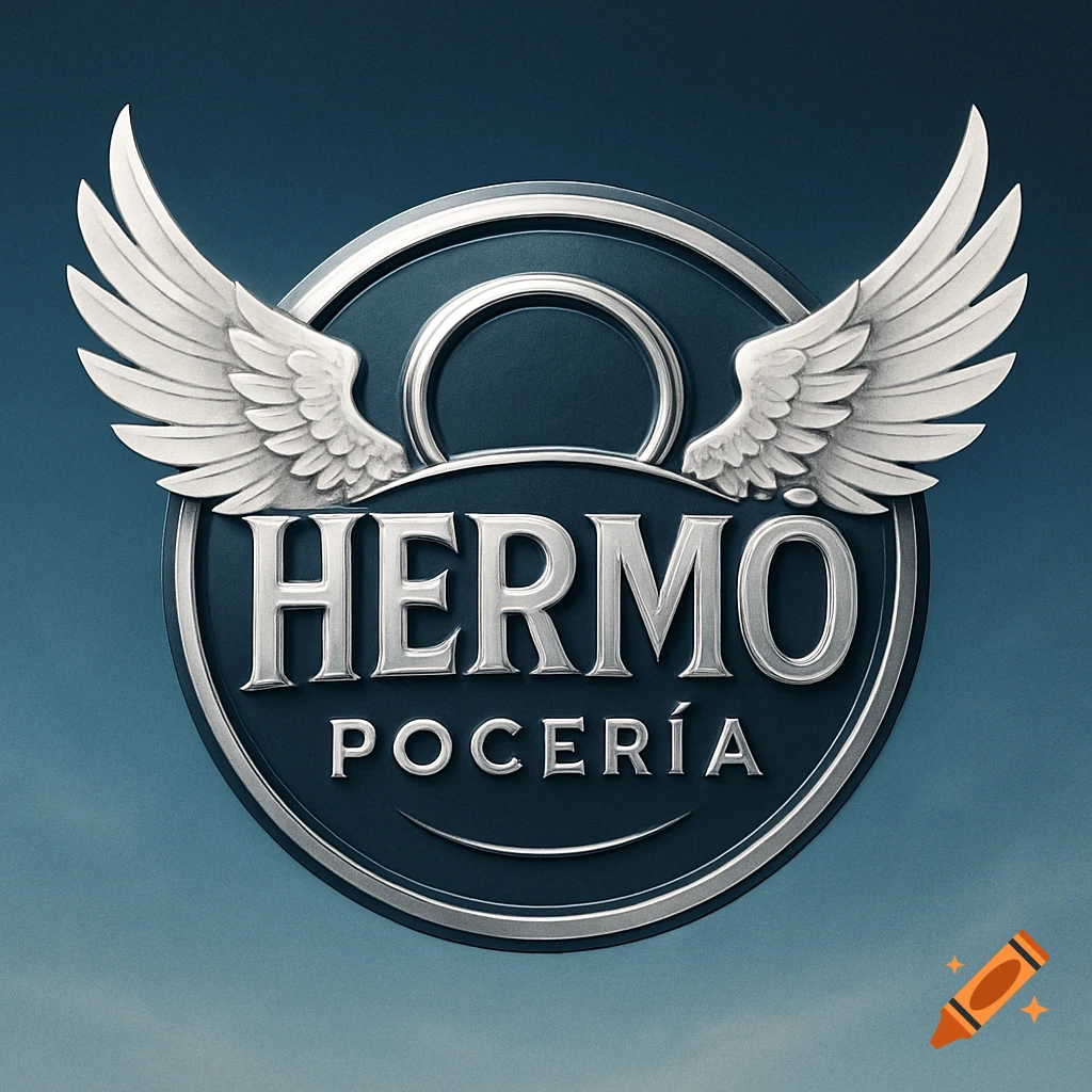A silver and blue winged emblem logo featuring the text 'HERMO POCERÍA' in a stylized font.