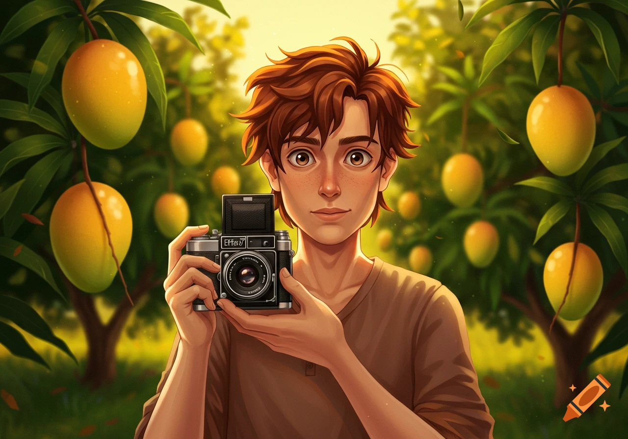 A stylized cartoon boy with brown hair holds a vintage camera in a sunny mango orchard.