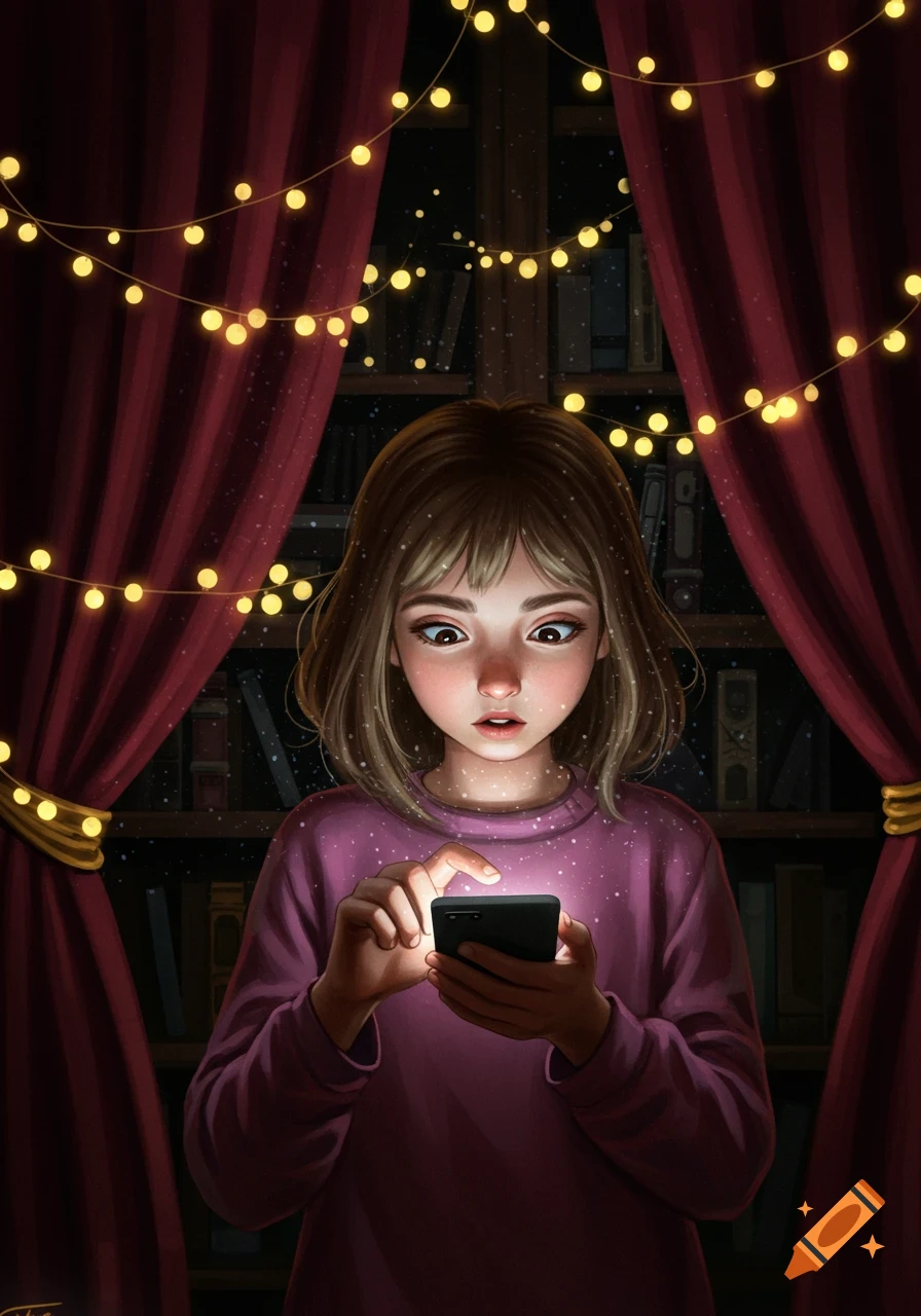 Digital illustration of a surprised girl looking at her glowing smartphone in a dimly lit room with red curtains and string lights.