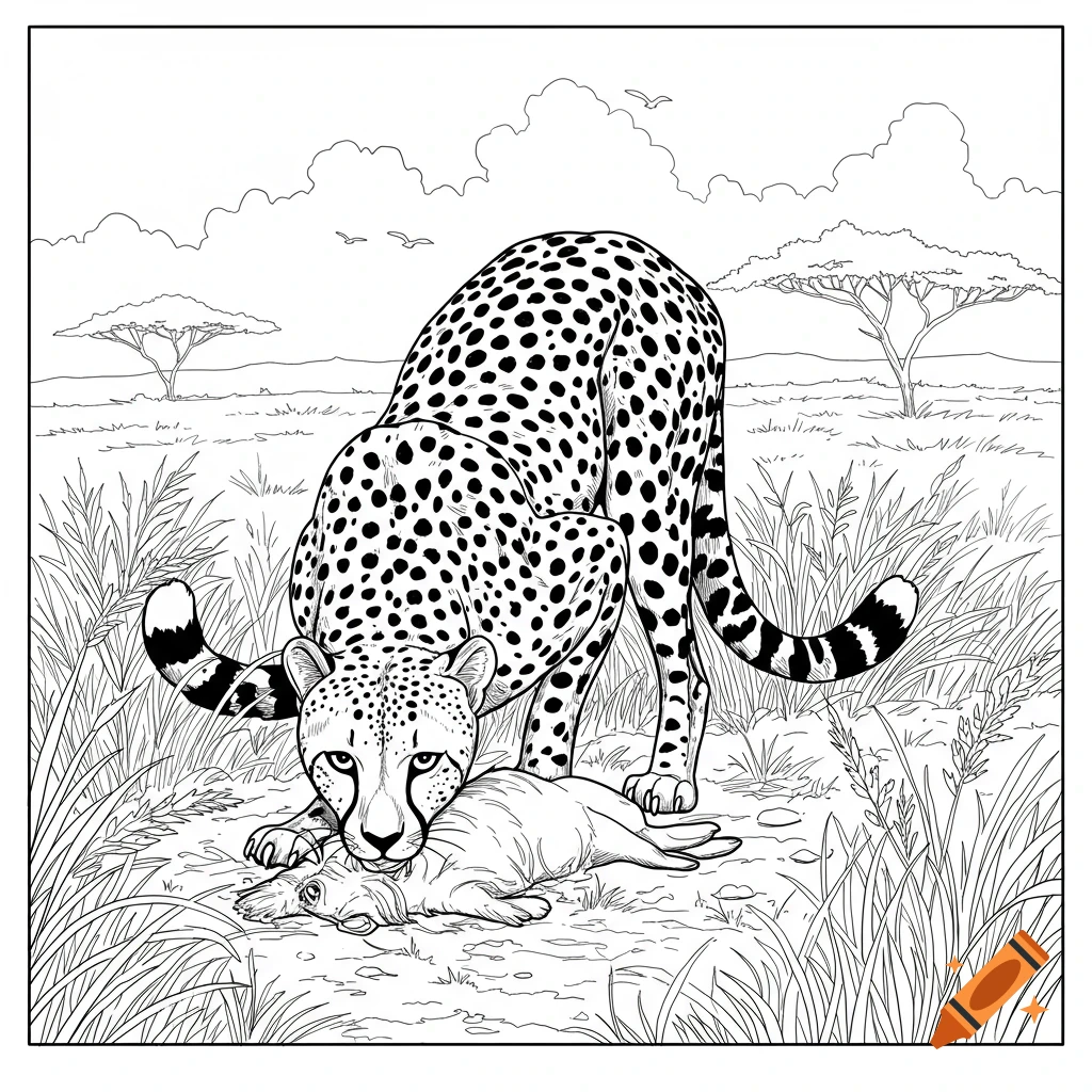 A black and white line drawing of a cheetah crouched over its prey in a savanna, ready for coloring.