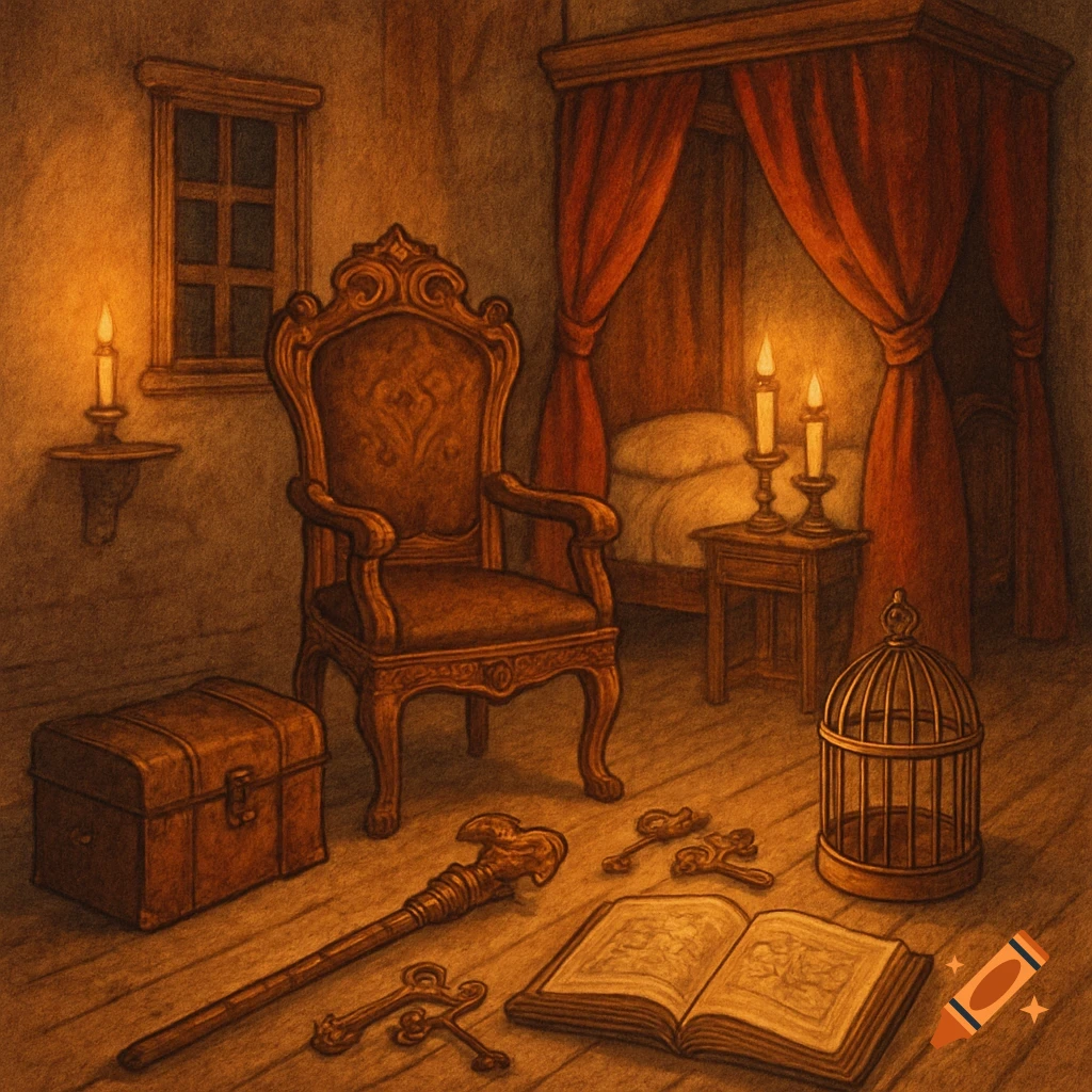 Storybook illustration of an old-fashioned room with an antique chair, canopy bed, trunk, staff, keys, open book, and birdcage, lit by candlelight.