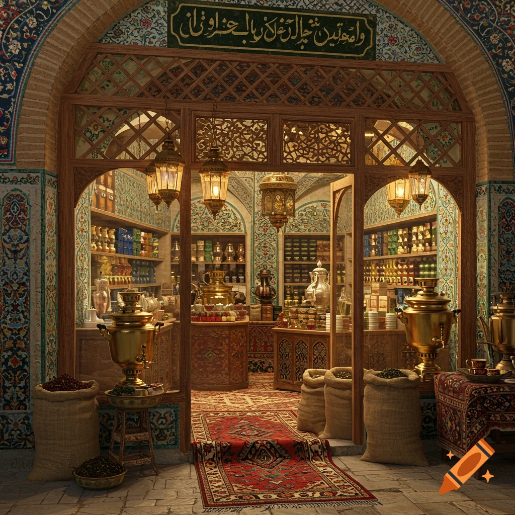 An ornate Iranian tea shop interior with shelves of products, golden samovars, hanging lanterns, and a red patterned rug.
