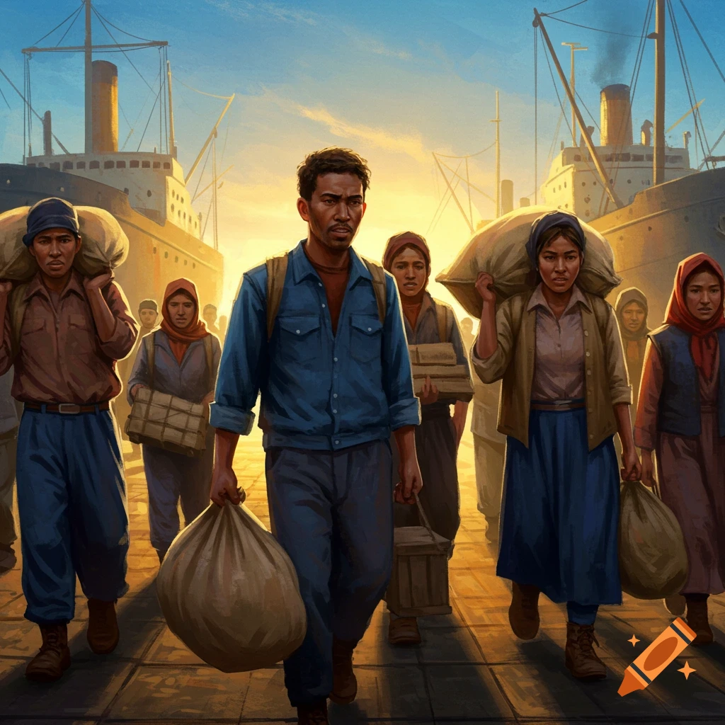 Stylized illustration of a diverse group of laborers carrying bundles on a bustling dock with large ships at sunset.