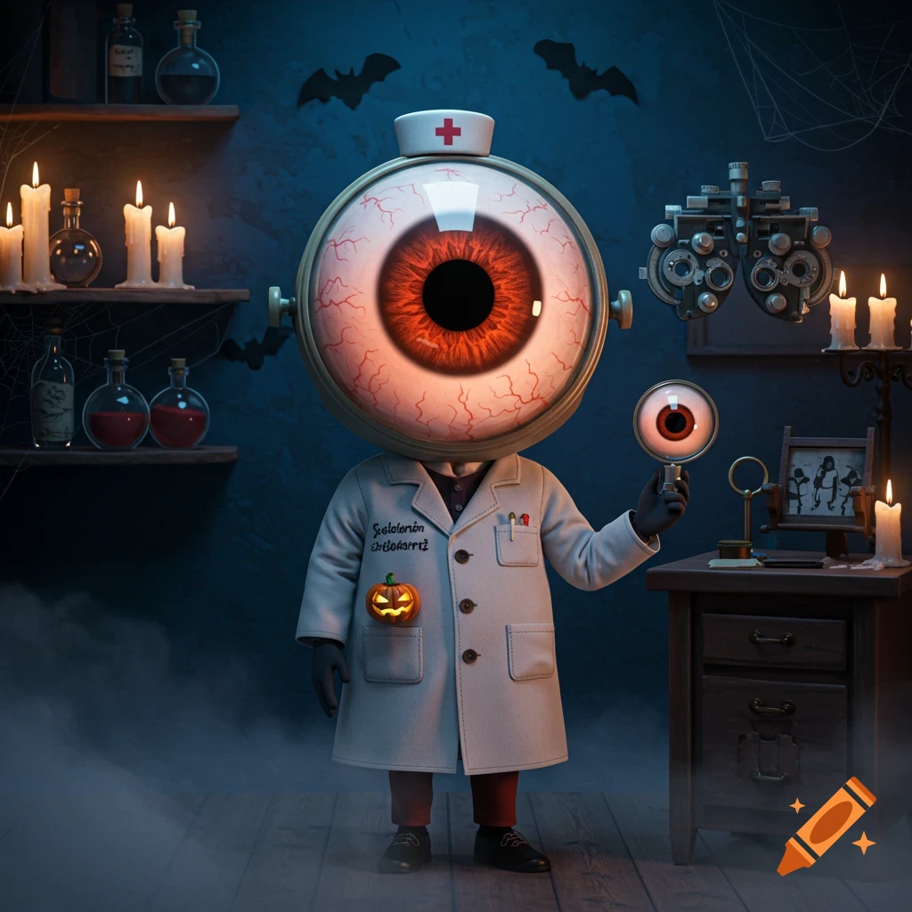 An eyeball-headed optometrist in a lab coat with a pumpkin, holding a magnifying glass in a spooky Halloween-themed office.