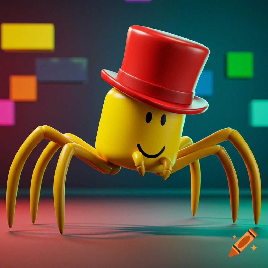 A yellow Roblox noob head with spider legs and a red top hat, in a 3D cartoon style.