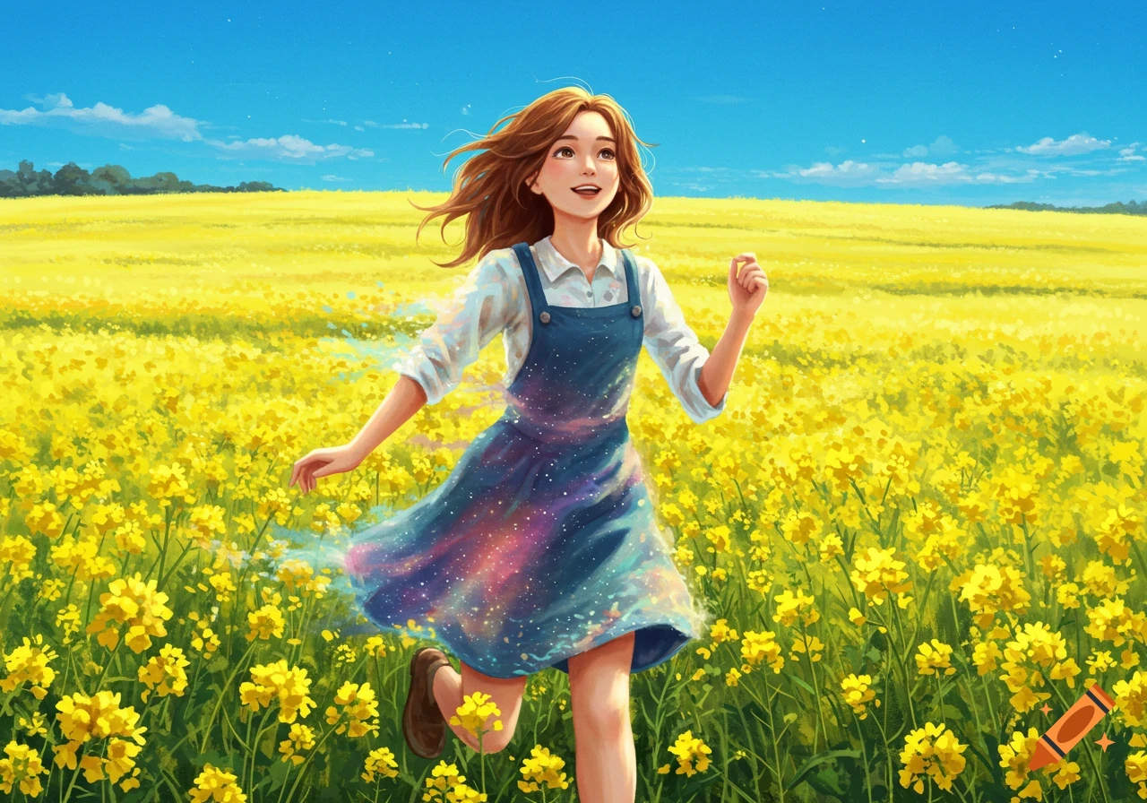 An anime-style girl with brown hair runs joyfully through a vibrant yellow rapeseed field, her blue dress shimmering with a galaxy-like effect, under a clear blue sky.