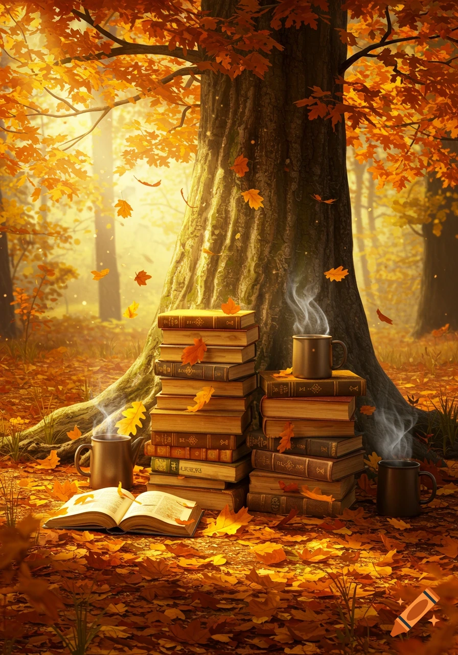 A serene autumn forest scene with golden leaves, two stacks of old books, and steaming mugs resting on the forest floor under a large tree. An open book lies in front.