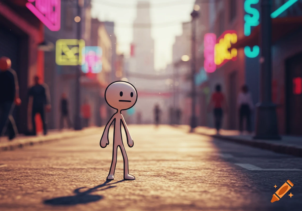 A cartoon stickman with a neutral face stands on an asphalt street with blurred city buildings and colorful neon signs in the background.