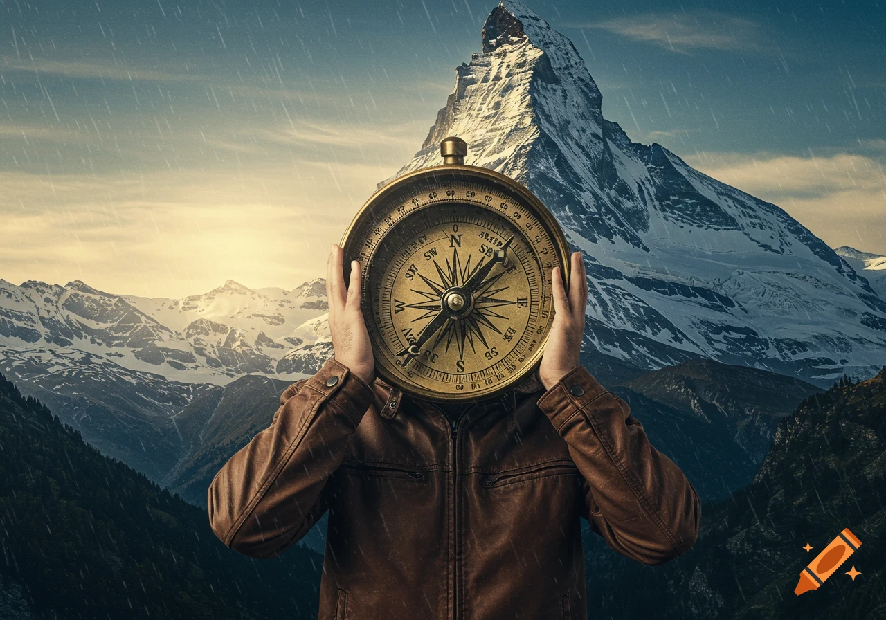 A person in a brown jacket holds a large compass in front of their head, obscuring their face, against a backdrop of snow-capped mountains and rain.