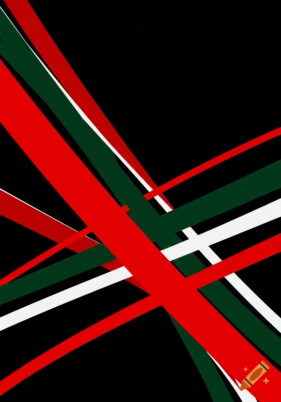 Abstract pattern of intersecting red, white, and dark green diagonal stripes on a black background.