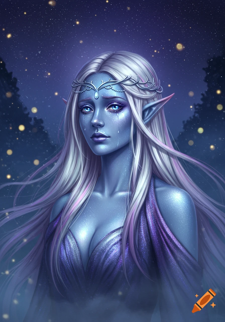 Fantasy portrait of a sad, blue-skinned archfey queen with silver hair and glowing eyes, crying under a starry sky.