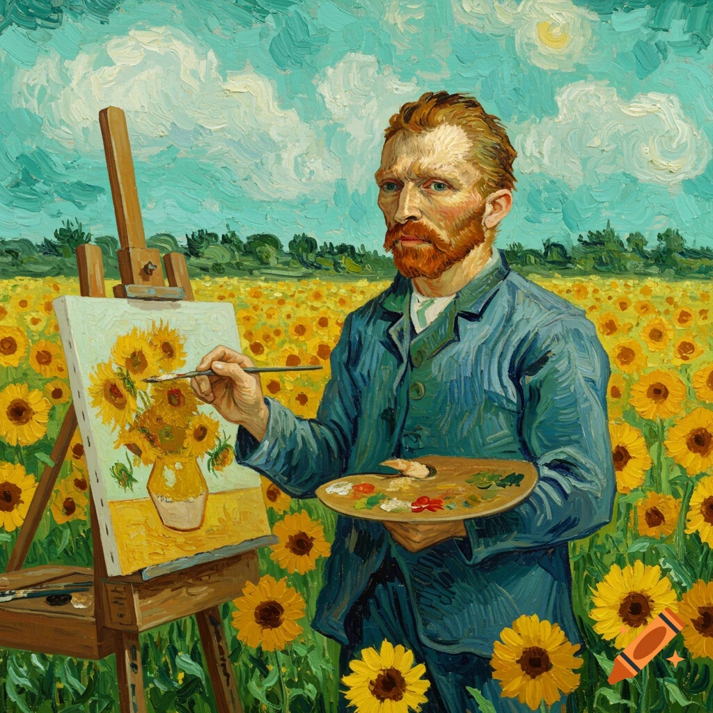 Van Gogh paints sunflowers on an easel in a vibrant field, rendered in his iconic impressionistic style.