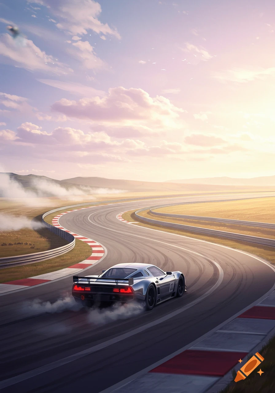 A silver race car speeds down a winding circuit track under a vibrant sunset sky, leaving a trail of smoke.