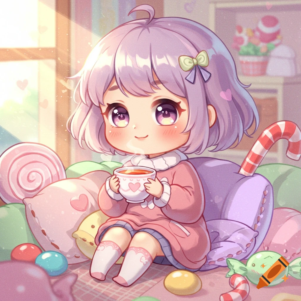 A cute anime chibi girl with lavender hair holds a steaming teacup, sitting among colorful pillows and candies in a cozy room.