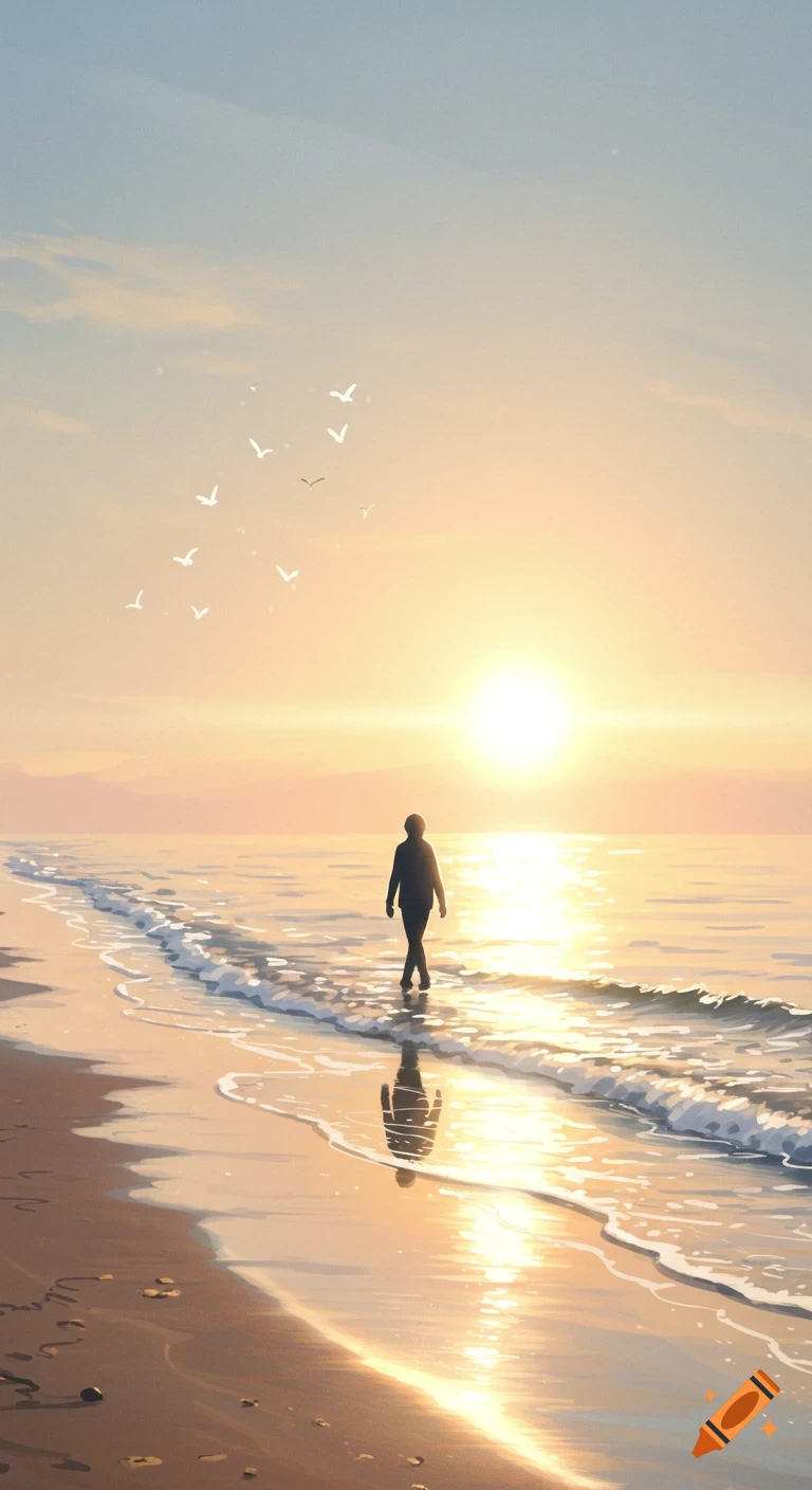 Silhouette of a person walking along a beach into the golden light of sunset, digital art.