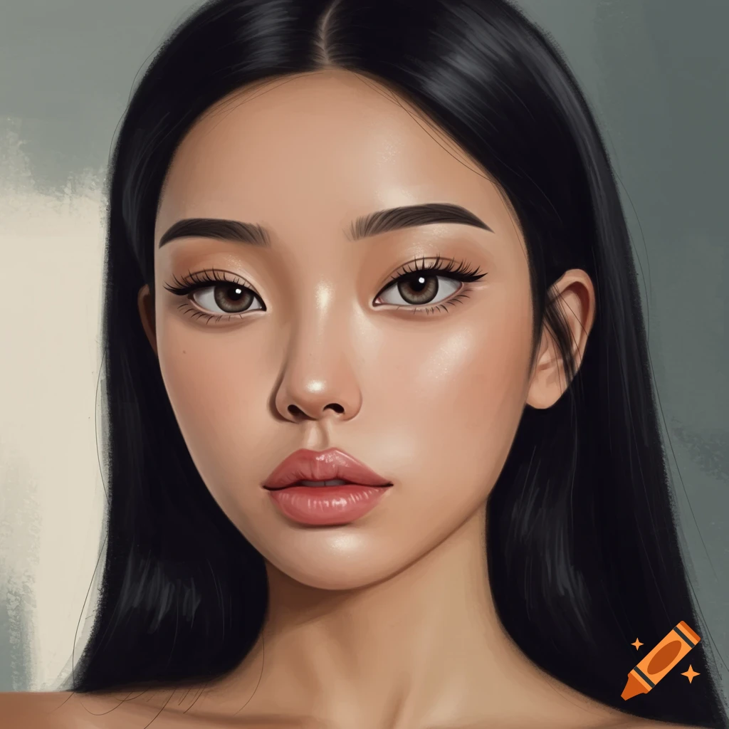 Digital art portrait of a young woman with long dark hair, brown eyes, clear skin, and glossy lips, looking forward.