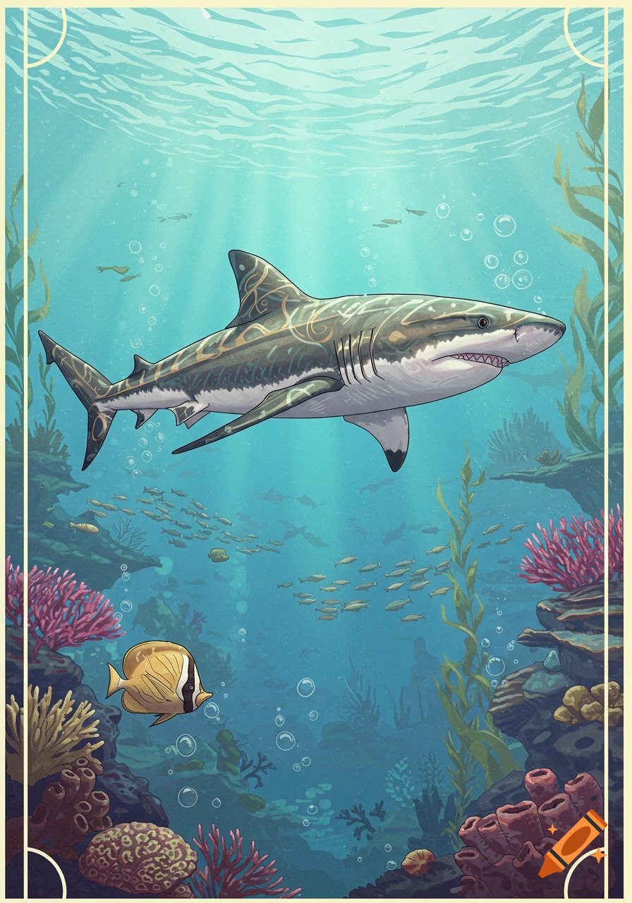 A stylized great white shark swims through a vibrant coral reef, surrounded by small fish and marine plants, in an underwater vintage illustration.