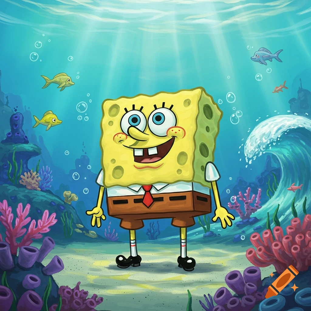 Spongebob Squarepants stands on the ocean floor amidst colorful coral and fish, with light rays and a distant wave, in a bright cartoon style.