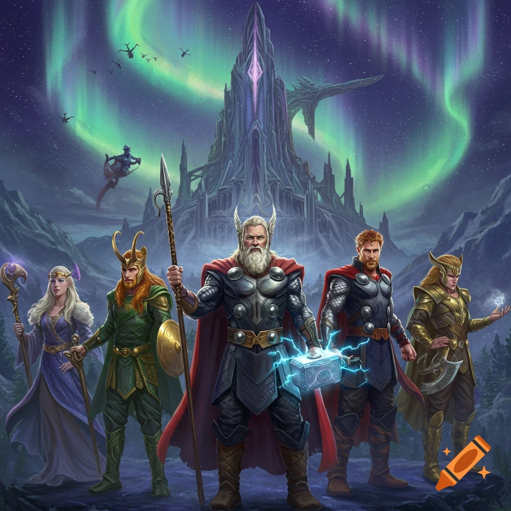 Norse gods Odin, Thor, Loki, and two goddesses stand before a grand Asgard castle under an aurora sky, digital art.