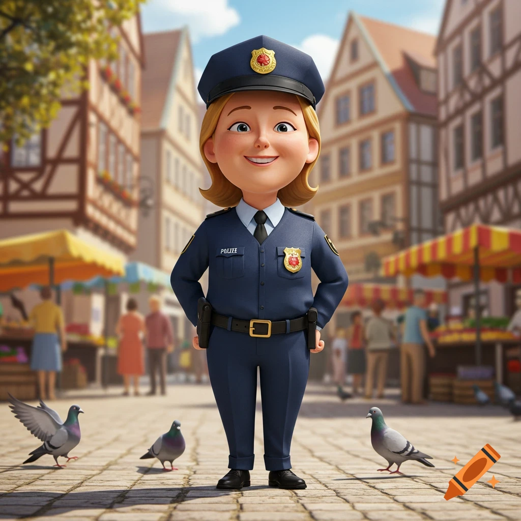 A smiling cartoon policewoman stands in a cobblestone town square with pigeons and blurred market stalls in the background.