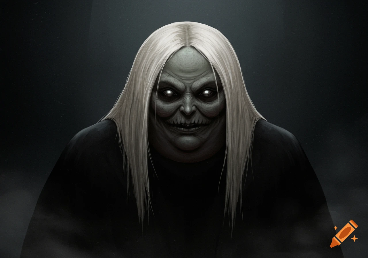 A creepy, overweight person with long white hair and glowing eyes, a wrinkled face, and a wide, toothy grin. They wear a dark robe against a dark background.