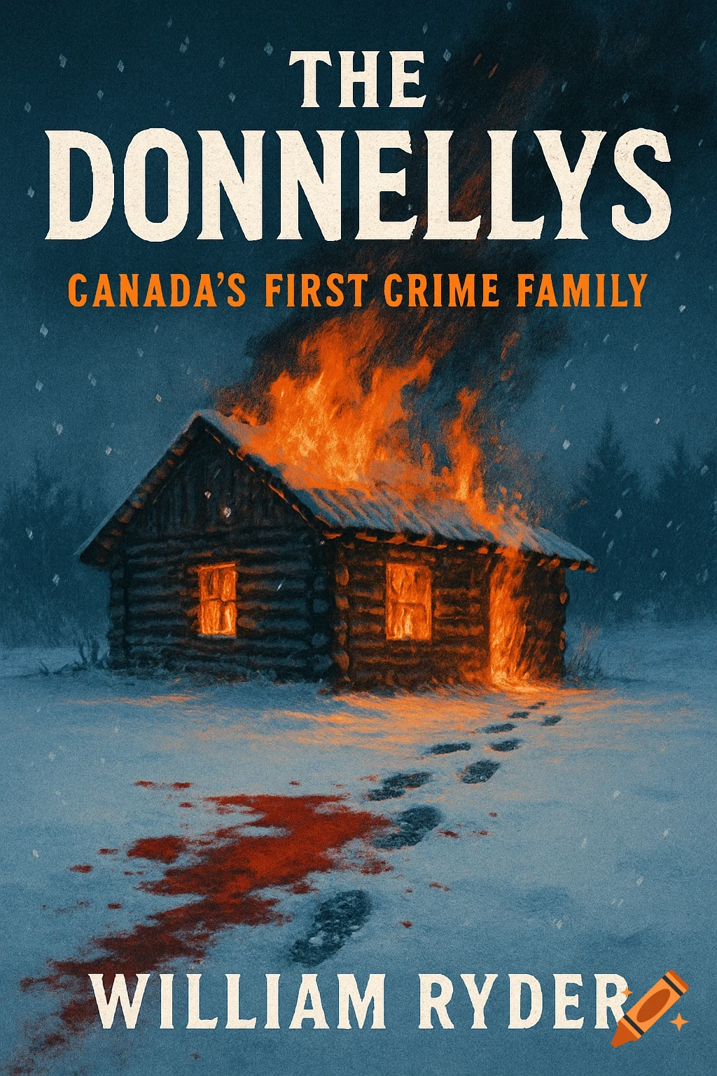 Book cover for 'The Donnellys' by William Ryder, featuring a burning log cabin in a snowy landscape with blood and footprints.