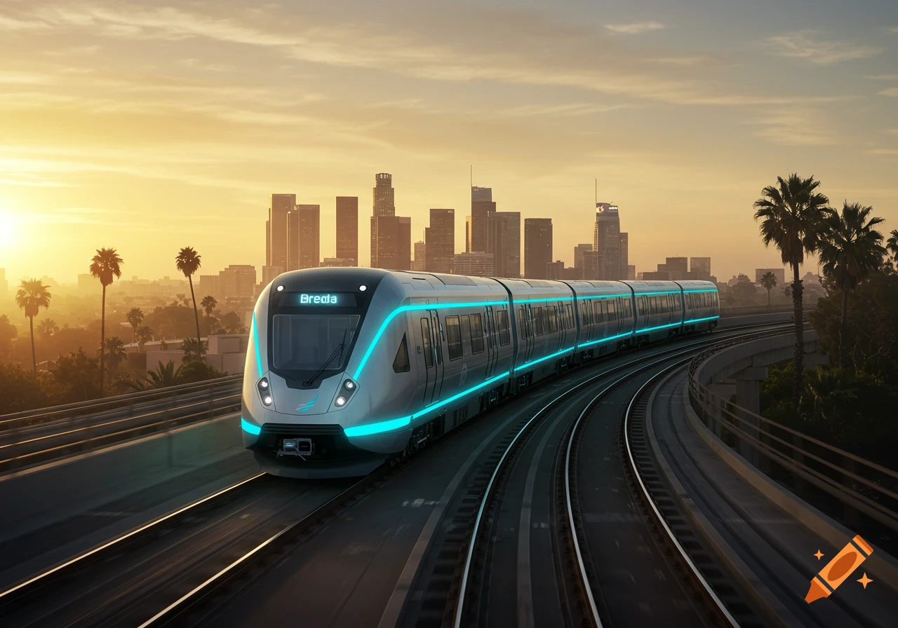 A sleek, futuristic train with blue glowing lights moves on an elevated track past a city skyline at sunset.